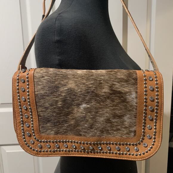 Cowhide Tan Rhinestone Shoulder 10” Purse - Picture 1 of 11